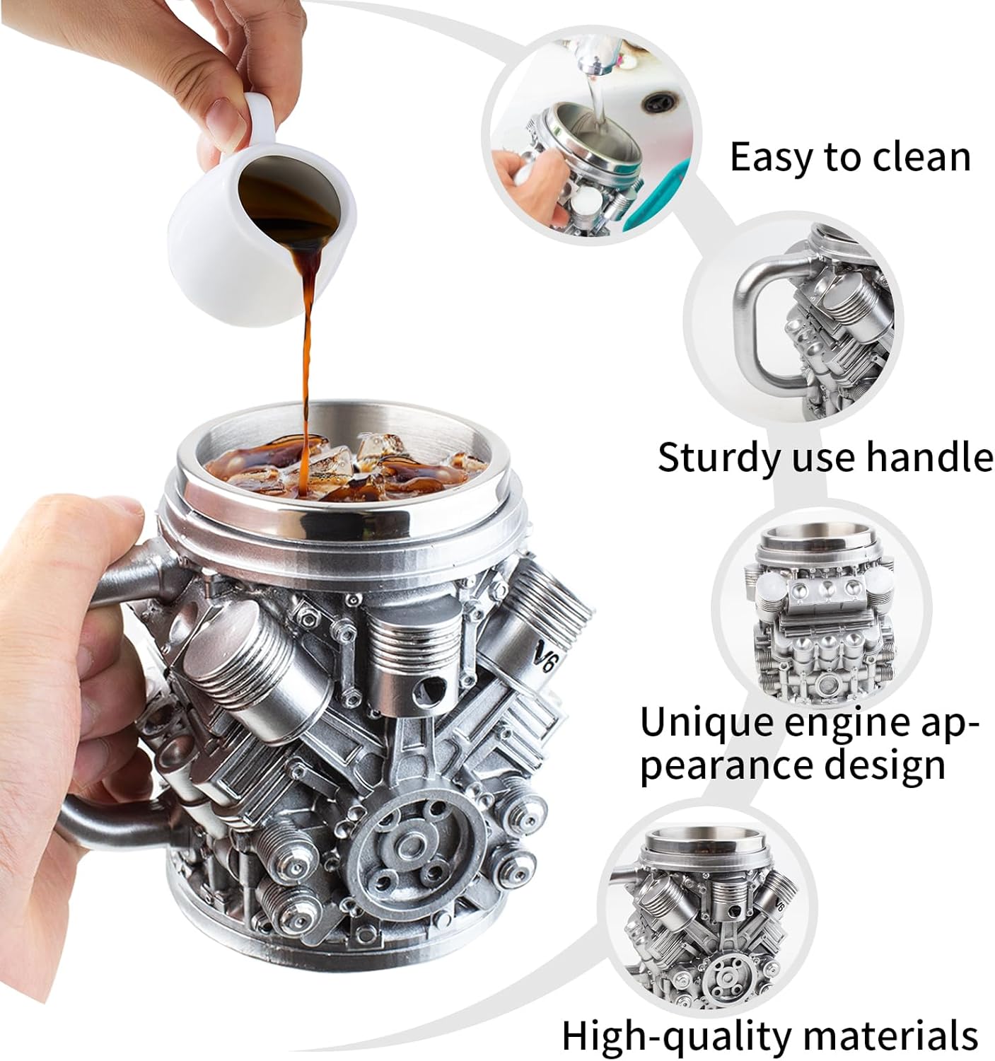 V6 Engines Stainless Steel Coffee Cup, 14 OZ Coffee Mug With Handle, Car V6 Engine Design Coffee Cup, Unique Heavy-duty Metal Cup Gift for Car Enthusiasts